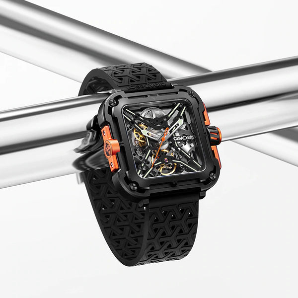 CIGA Design X Series Stainless Steel Automatic Mechanical Skeleton Watch - Black/Orange