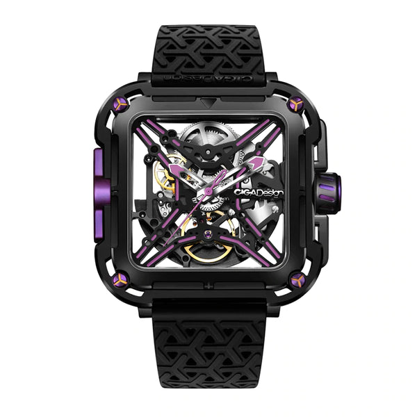 CIGA Design X Series Stainless Steel Automatic Mechanical Skeleton Watch - Black/Purple