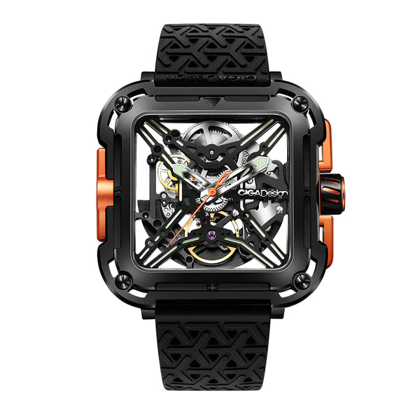 CIGA Design X Series Stainless Steel Automatic Mechanical Skeleton Watch - Black/Orange