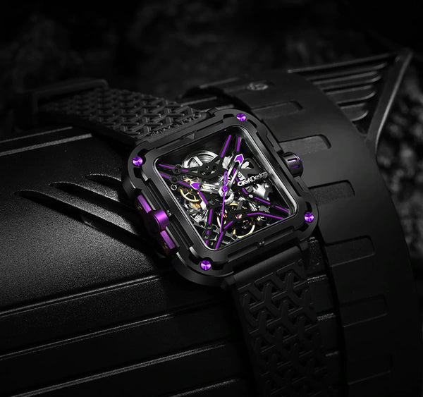 CIGA Design X Series Stainless Steel Automatic Mechanical Skeleton Watch - Black/Purple
